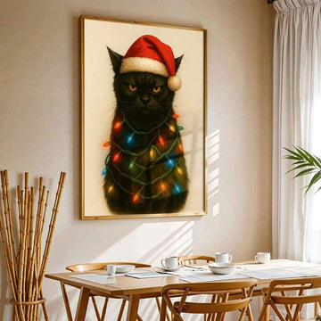 Black Cat Christmas Holiday Flat Style Canvas Poster