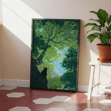 Black Cat In Green Forest Impressionist Landscape Canvas Poster