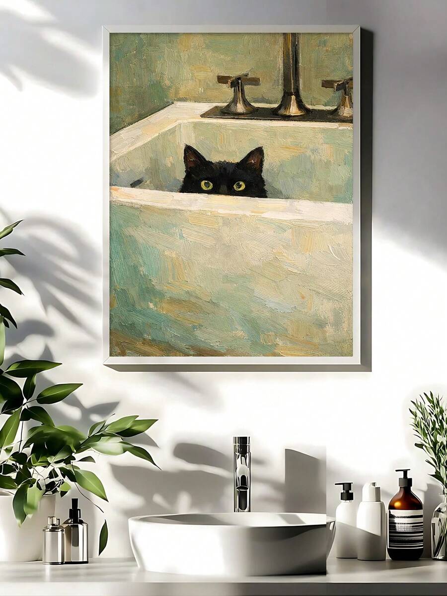 Black cat bathing in a Japanese spa canvas poster