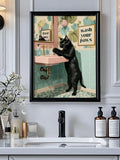 Black cat Wash Your Paws bathroom framed art