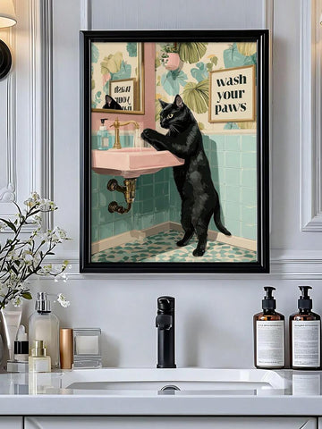 Black cat Wash Your Paws bathroom framed art