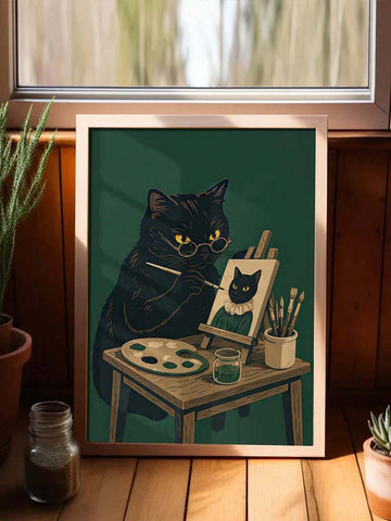 Black Cat Wearing Glasses Canvas poster with a playful artist self portrait theme. Perfect for studios, offices, bedrooms, reading corners, and cat lovers.