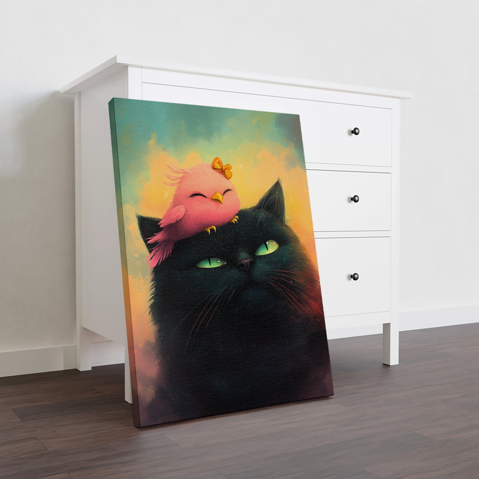 Elevate your home decor with our Black Cat and Pink Bird Canvas Wall Art. This whimsical fantasy art print features a charming black cat and a playful pink bird, bringing a touch of magic to any room. Perfect for the living room, sofa backdrop, or bedside decoration.