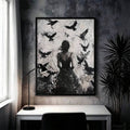 Black crow woman gothic canvas poster above office desk