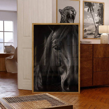 Close-up black horse canvas poster with visible bridle and long mane