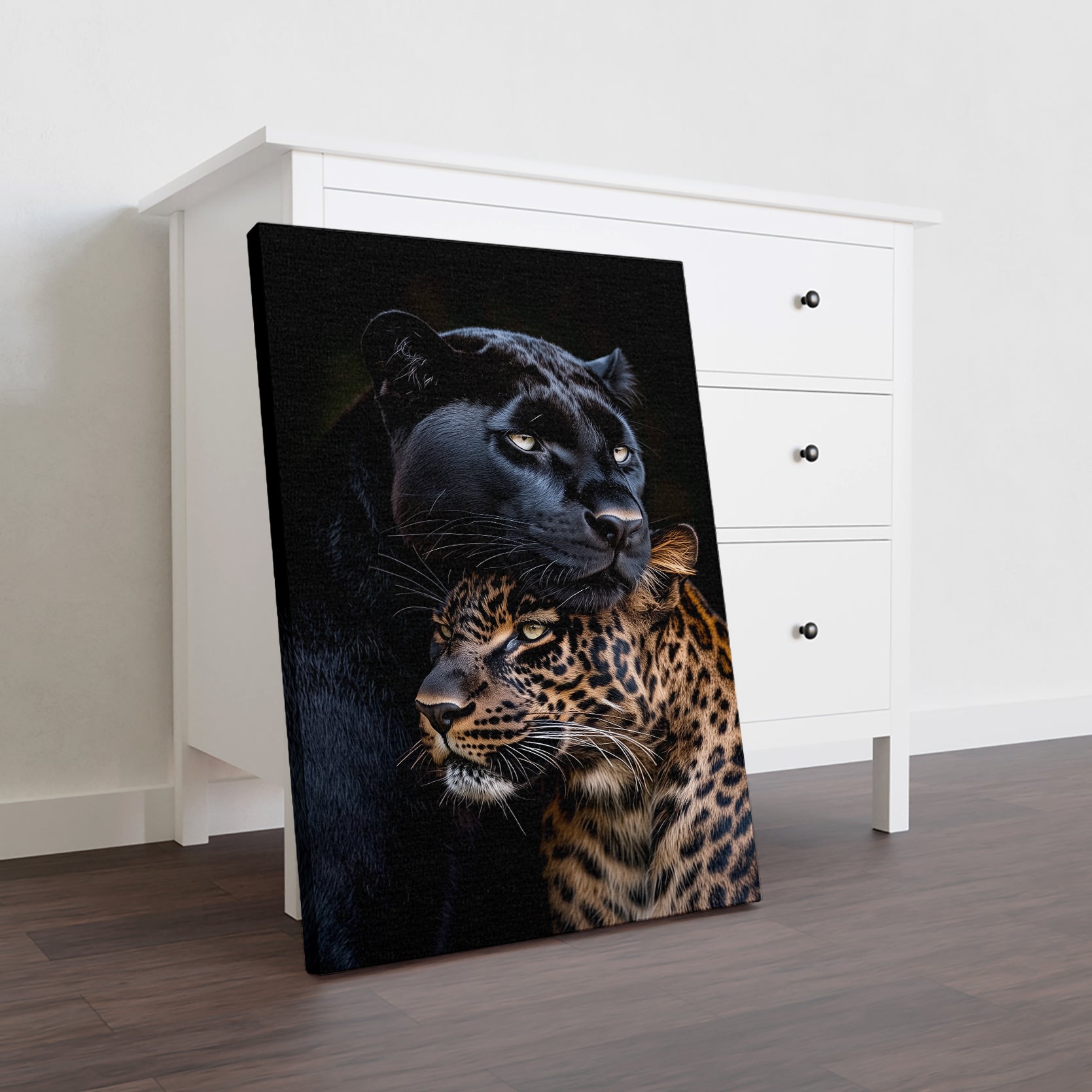 Bring the untamed beauty of Africa into your home with this striking wildlife canvas art featuring a black panther and leopard. Expertly rendered with rich detail and dynamic composition, this piece captures the raw elegance of these magnificent predators in their natural habitat. Perfect for creating a sophisticated focal point above your sofa, anchoring your bedroom wall, or adding visual interest beside your bed, this canvas transforms any room into a gallery-worthy space. 