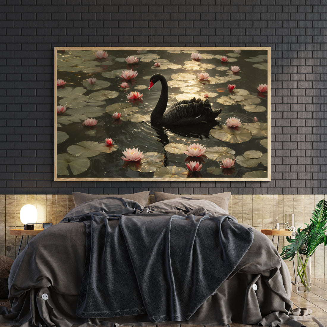 Transform your living space with this striking canvas wall art featuring an elegant black swan gliding among delicate pink lotus flowers. This nature photography print captures serene water lily landscapes with sophisticated detail, making it an ideal focal point for living rooms, bedroom walls, or above sofas. 