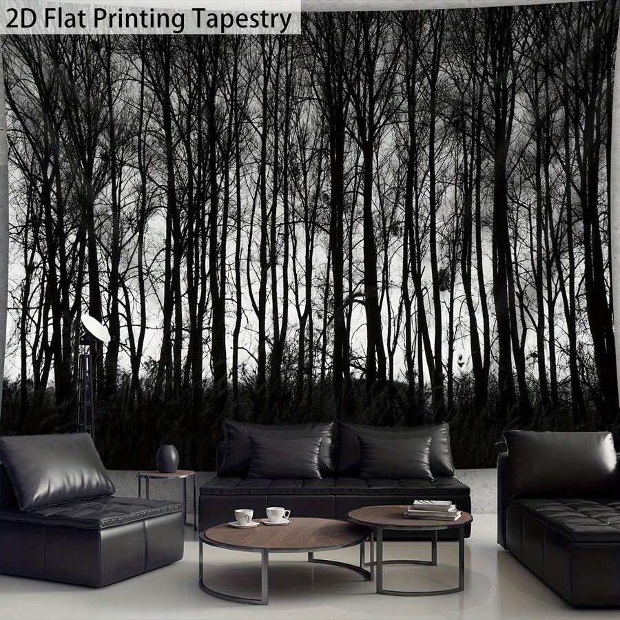Black and white forest tapestry with bare tree silhouettes