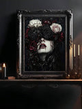 Gothic rose-veiled woman canvas print in an ornate black frame above a candlelit console