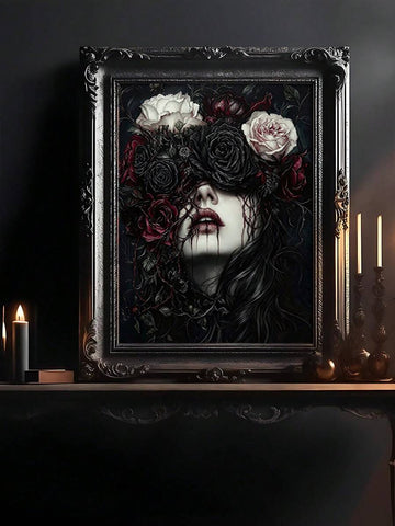 Gothic rose-veiled woman canvas print in an ornate black frame above a candlelit console