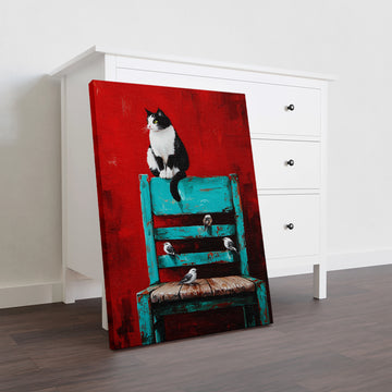 Transform your living space with this striking wall art canvas that masterfully blends contrasting elements. The composition features a captivating black and white cat alongside delicate birds, set against a bold red background that anchors the piece. A turquoise chair adds an unexpected pop of color, creating visual interest and contemporary appeal.