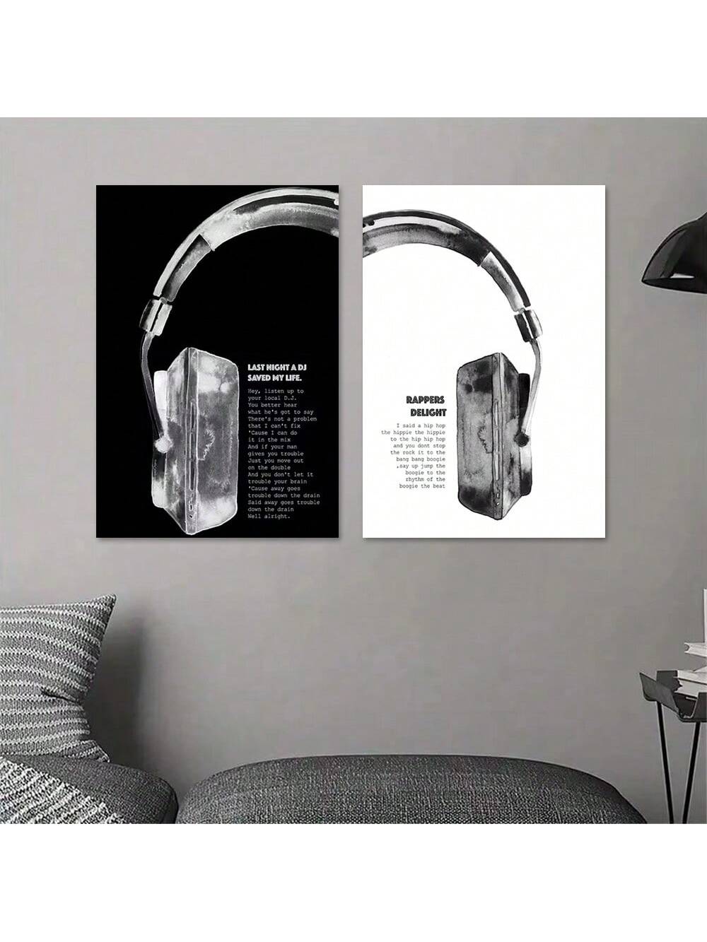 Enhance your home decor with this set of 2 Black and White Headphones Wall Paintings. These music-inspired oil paintings add a touch of sophistication to any room. With their sleek design and high-quality materials, these paintings are the perfect addition to your home.