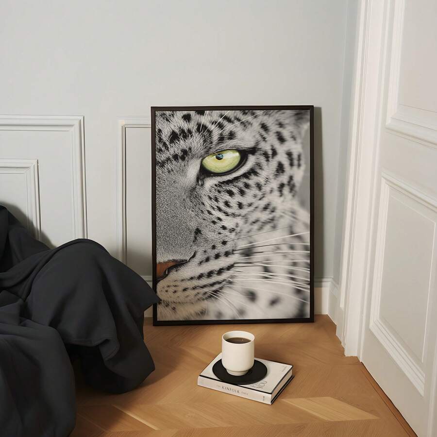 Snow leopard yellow green eye portrait in elegant paneled room