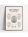 Happy Chemicals brain infographic in slim black shelf frame