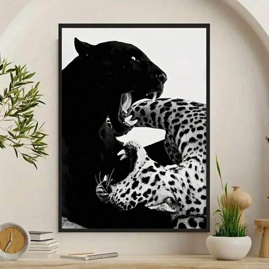 Black and white leopard wall art with three dramatic big cats