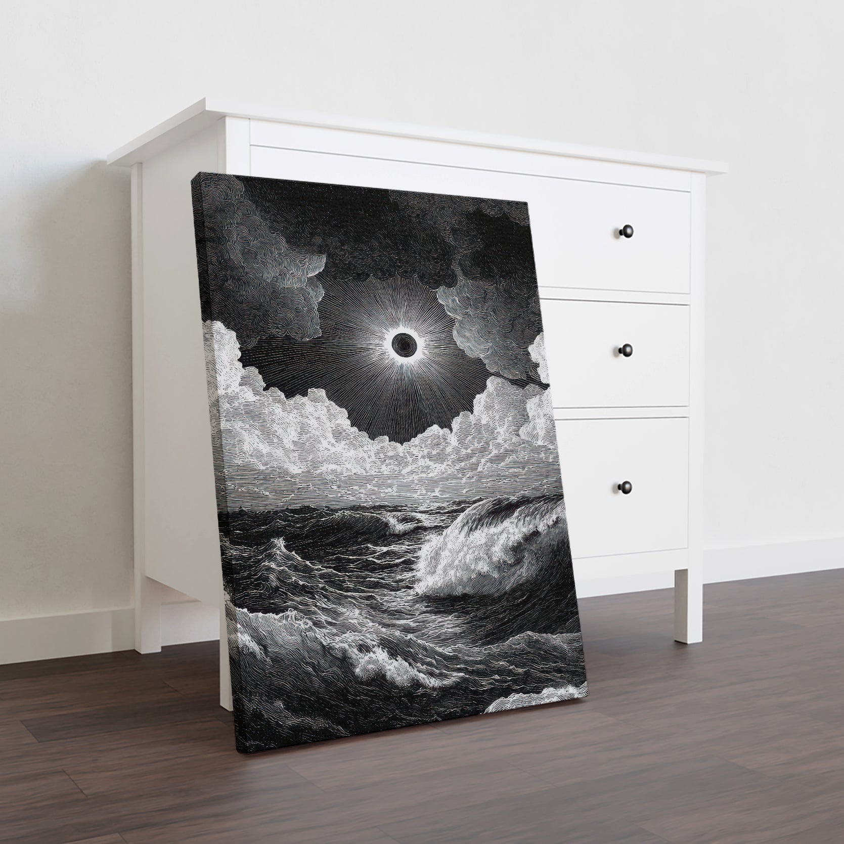 This striking black and white canvas captures a dramatic ocean wave beneath a captivating eclipse, creating a powerful seascape that enhances any living space. Perfect as a focal point above a sofa or bedside, this artwork adds depth and sophistication to your home decor with its bold contrast and dynamic composition. Crafted to bring a sense of movement and tranquility, it complements modern interiors while evoking the timeless beauty of nature.