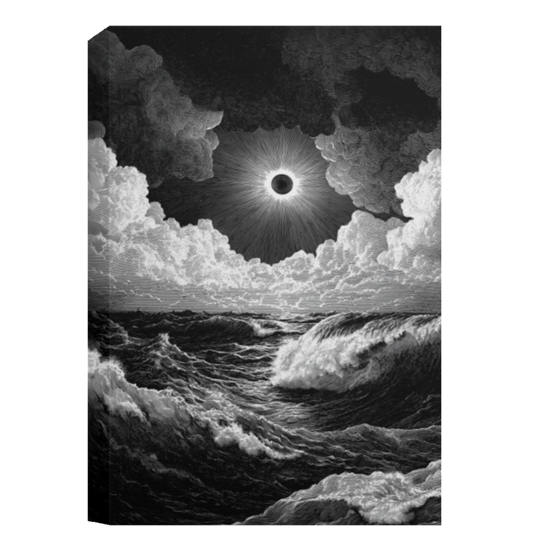 Black and white canvas print showing stormy ocean waves under glowing solar eclipse framed by dramatic clouds
