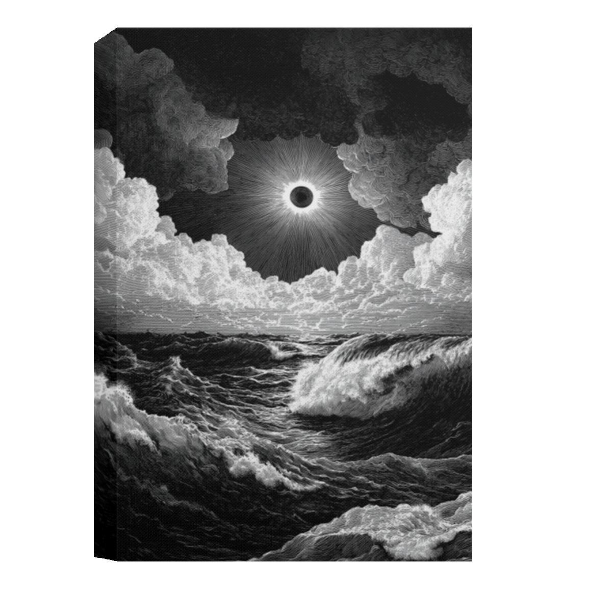 Black and white canvas print showing stormy ocean waves under glowing solar eclipse framed by dramatic clouds