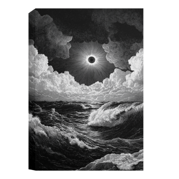 Black and white canvas print showing stormy ocean waves under glowing solar eclipse framed by dramatic clouds