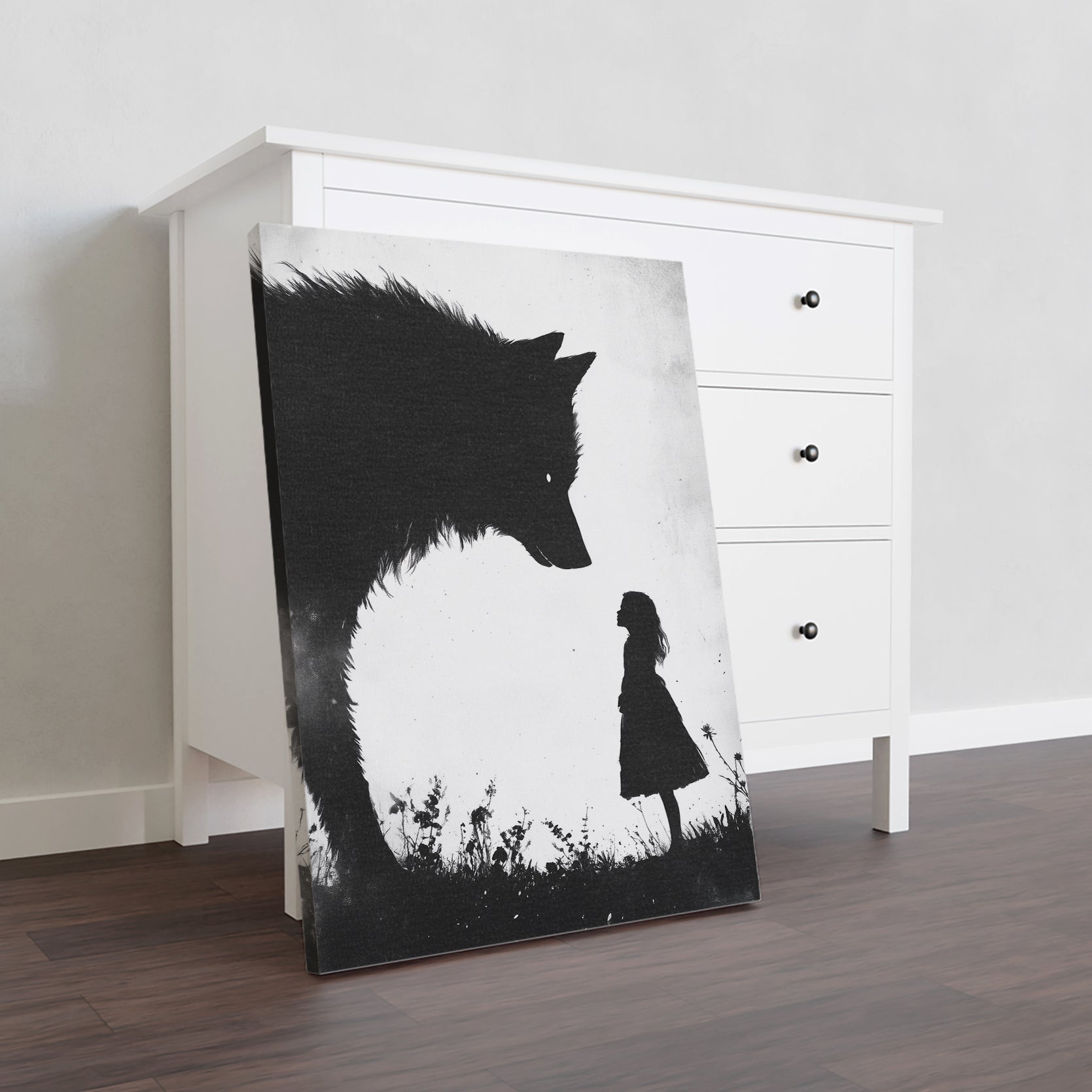 Enhance your living room, bedroom, or any space with this stunning canvas wall art. Featuring a striking black and white wolf silhouette against a fantasy forest backdrop, this piece adds a touch of elegance and nature to your home decor. Perfect for a sofa backdrop or bedside decoration, bring the wild into your home.