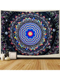 Daylight view of blacklight mandala tapestry with galaxy stars and planets