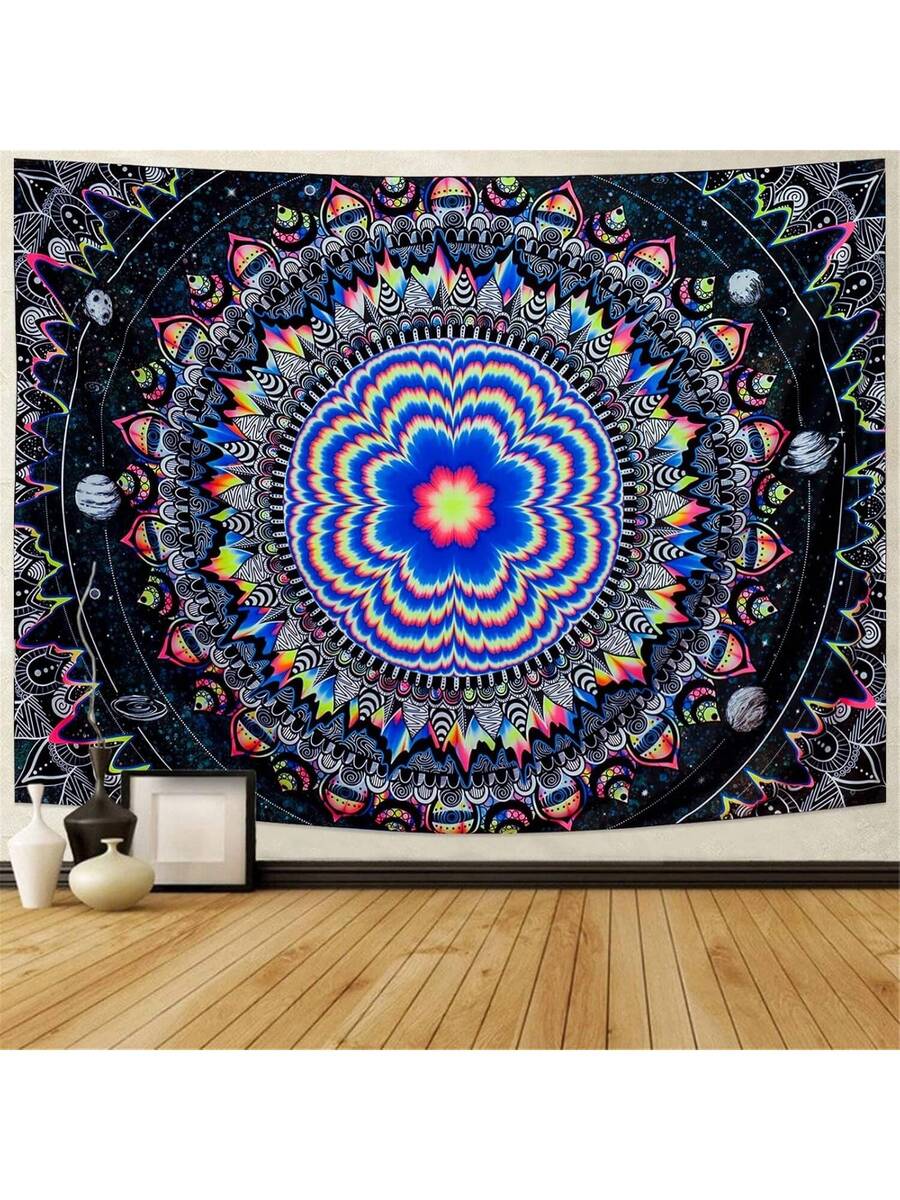 Daylight view of blacklight mandala tapestry with galaxy stars and planets