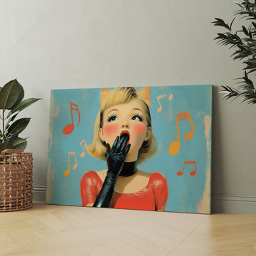 This elegant living room, sofa backdrop, bedside decoration, and home decor features a beautiful blonde woman singing among musical notes. Let this stunning piece add a touch of sophistication and creativity to any room, making it the perfect addition to any music lover's home.