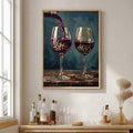 Leopard wine glass canvas poster displayed above a home bar