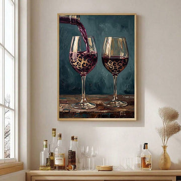 Leopard wine glass canvas poster displayed above a home bar