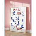 Blue and red urban lifestyle canvas poster leaning against pink wall