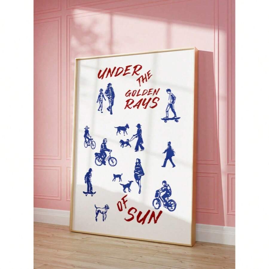 Blue and red urban lifestyle canvas poster leaning against pink wall