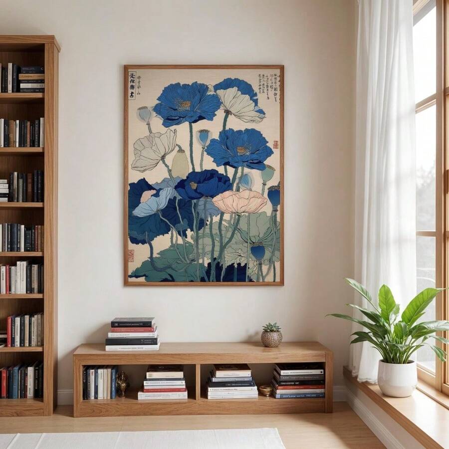 Blue lotus print with cobalt blue flowers leaves buds and Asian calligraphy