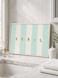 Blue striped minimalist summer beach poster with tiny surfers