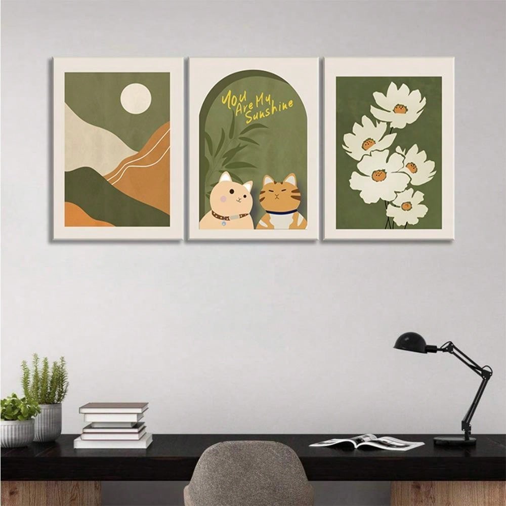 Transform your walls with the Bohemian Bliss: 3-Piece Modern Flower &amp; Cartoon Cat Canvas Wall Art Set. Featuring vibrant flowers and playful cartoon cats, this wall art set adds a fun and modern touch to any room. Each canvas is made with high-quality materials, ensuring long-lasting beauty and style.