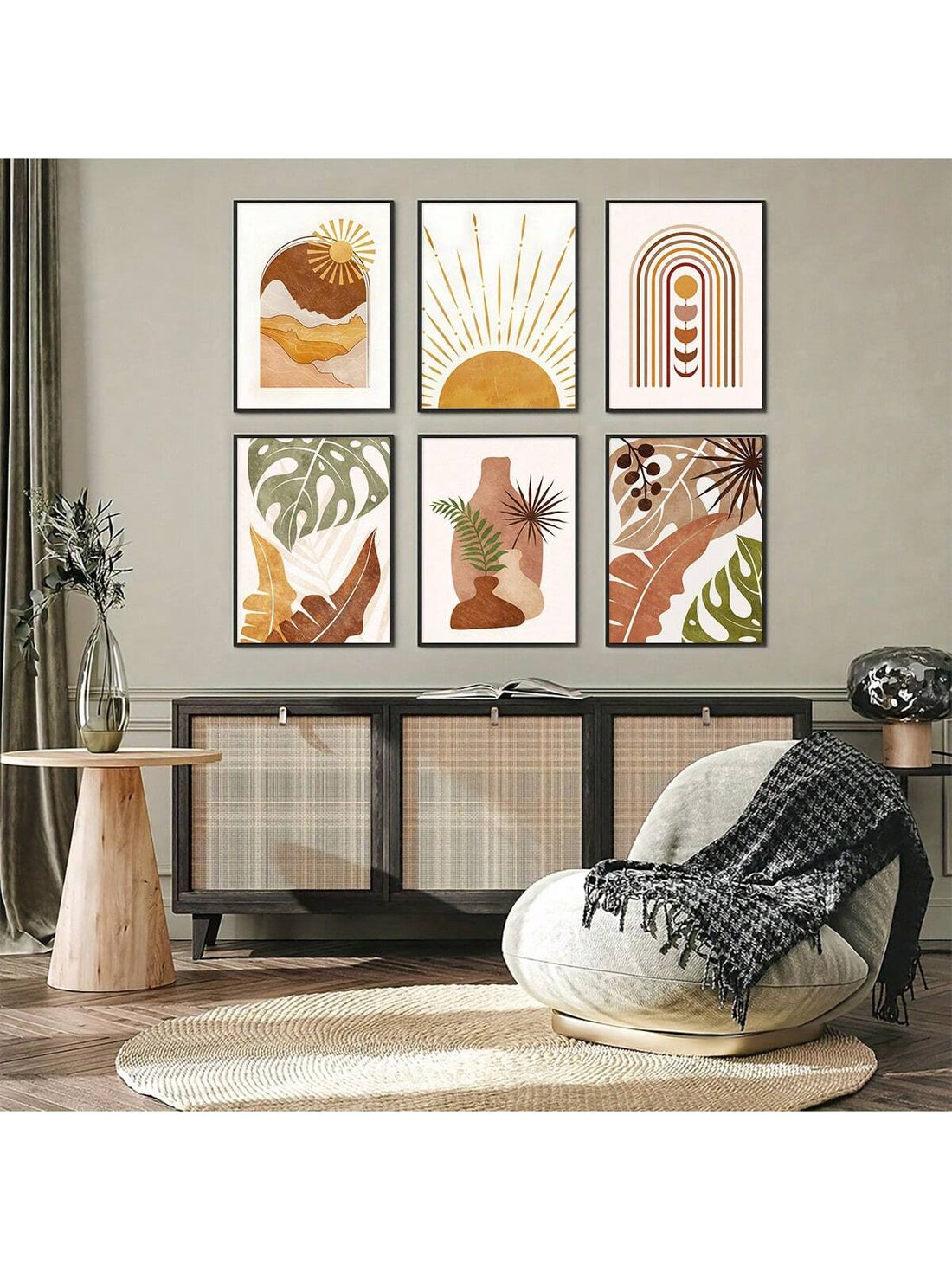 Enhance your home decor with the Bohemian Bliss: 6-Piece Mid-Century Abstract Floral Canvas Set. Featuring a chic and modern design, this canvas set adds a touch of style to any room. With 6 pieces included, you can create a cohesive and trendy look in your space.