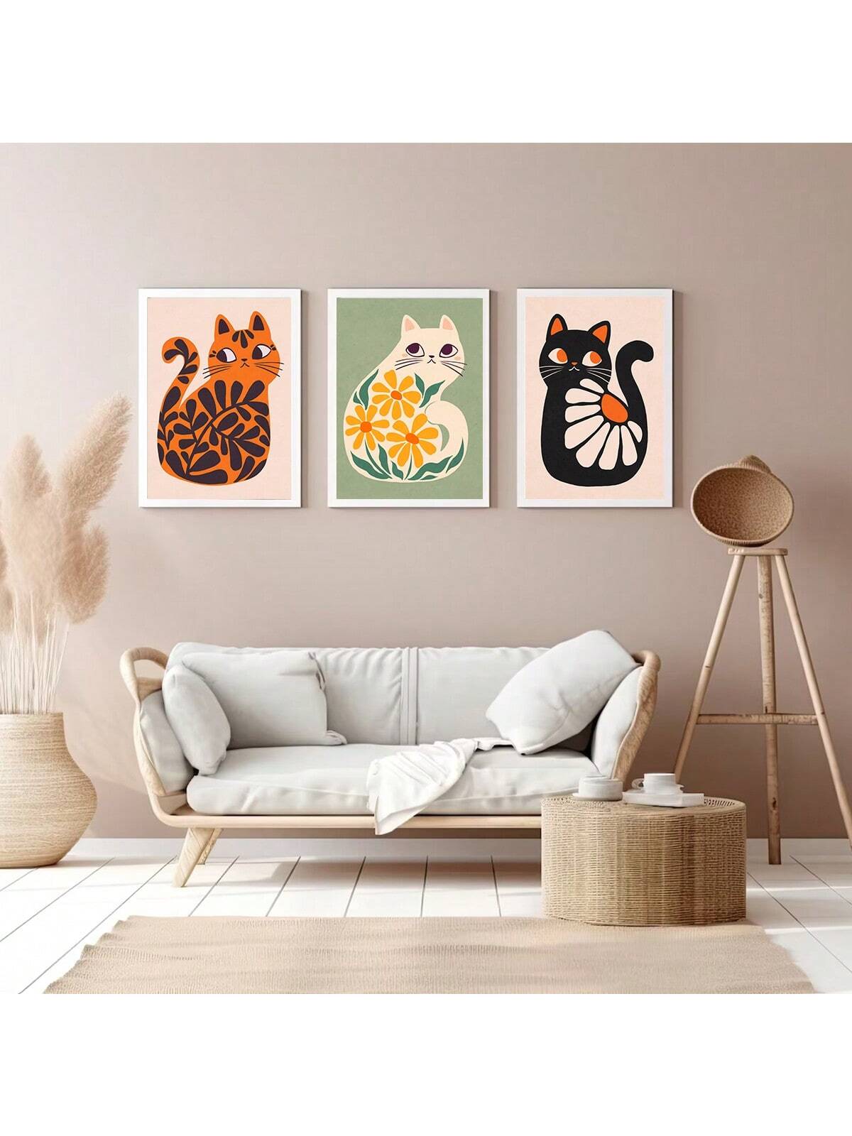 This 3-piece set of bohemian cat art prints features minimalist floral designs perfect for decorating your walls. The high-quality canvas prints add a touch of elegance and style to any room. Create a unique and sophisticated atmosphere with these charming art pieces.