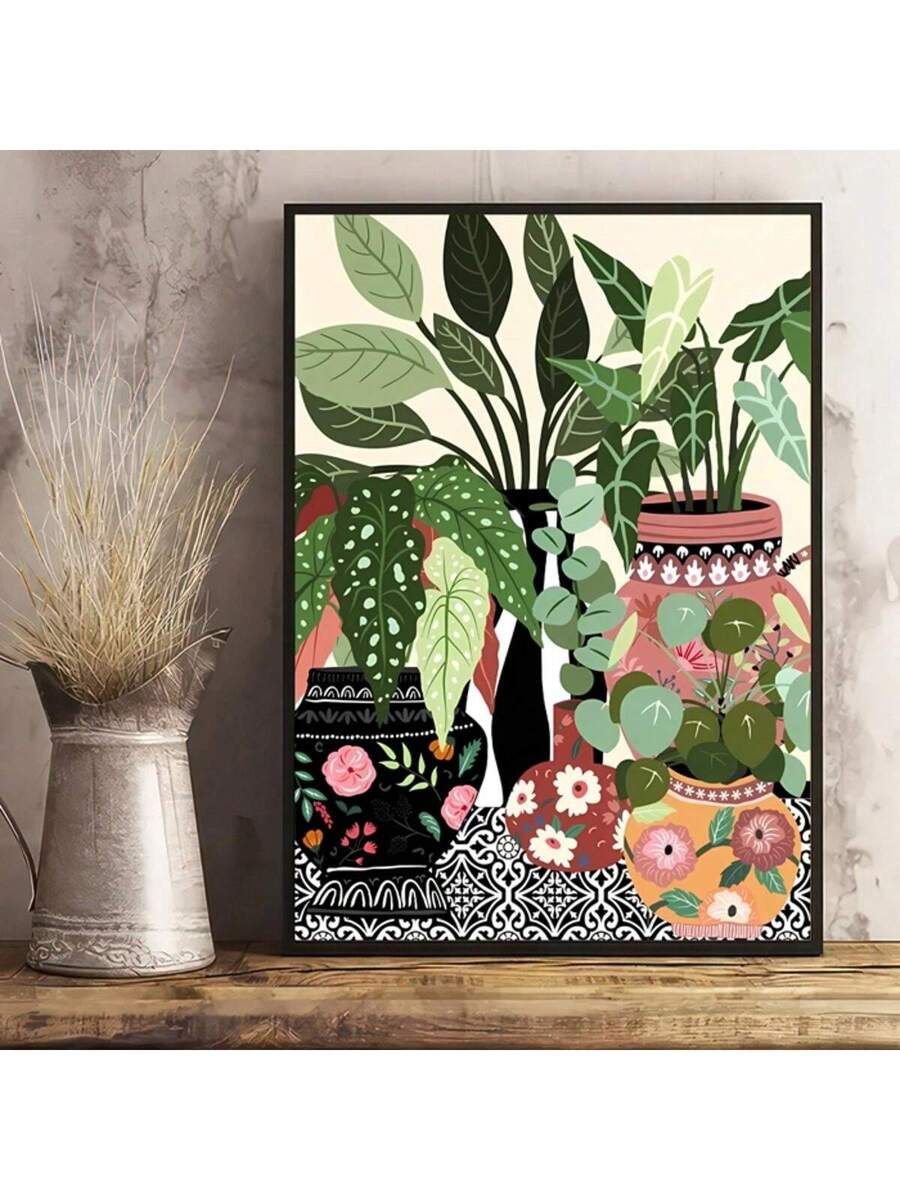 Bring a touch of bohemian elegance to your living room with our canvas poster featuring an antique vase and geo ceramic tile art. The vibrant floral design adds a pop of color to any space. Made with high-quality materials, this poster is a durable and stylish addition to your home deco