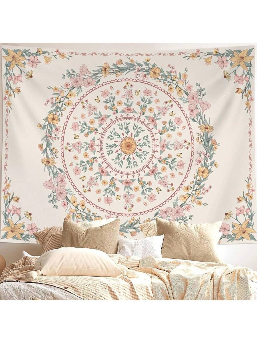 Cream floral mandala wall tapestry with pink flowers sage leaves yellow accents and cozy neutral bed