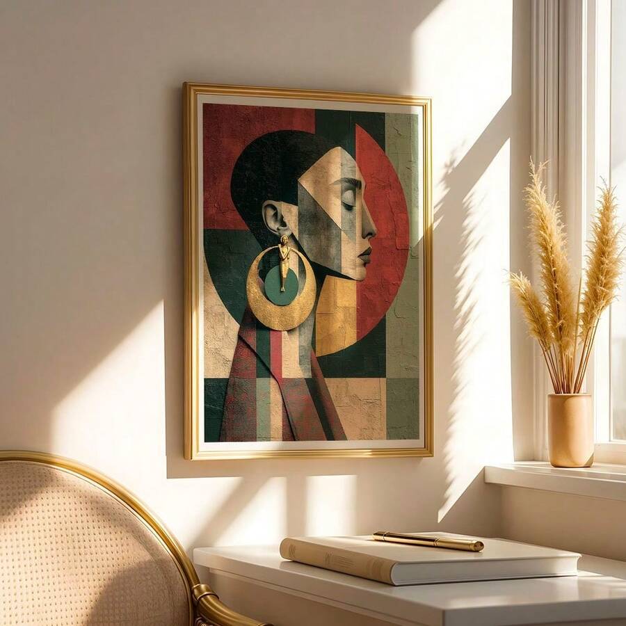 Framed geometric woman portrait with oversized gold earring beside a sunny window