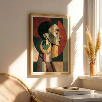 Framed geometric woman portrait with oversized gold earring beside a sunny window