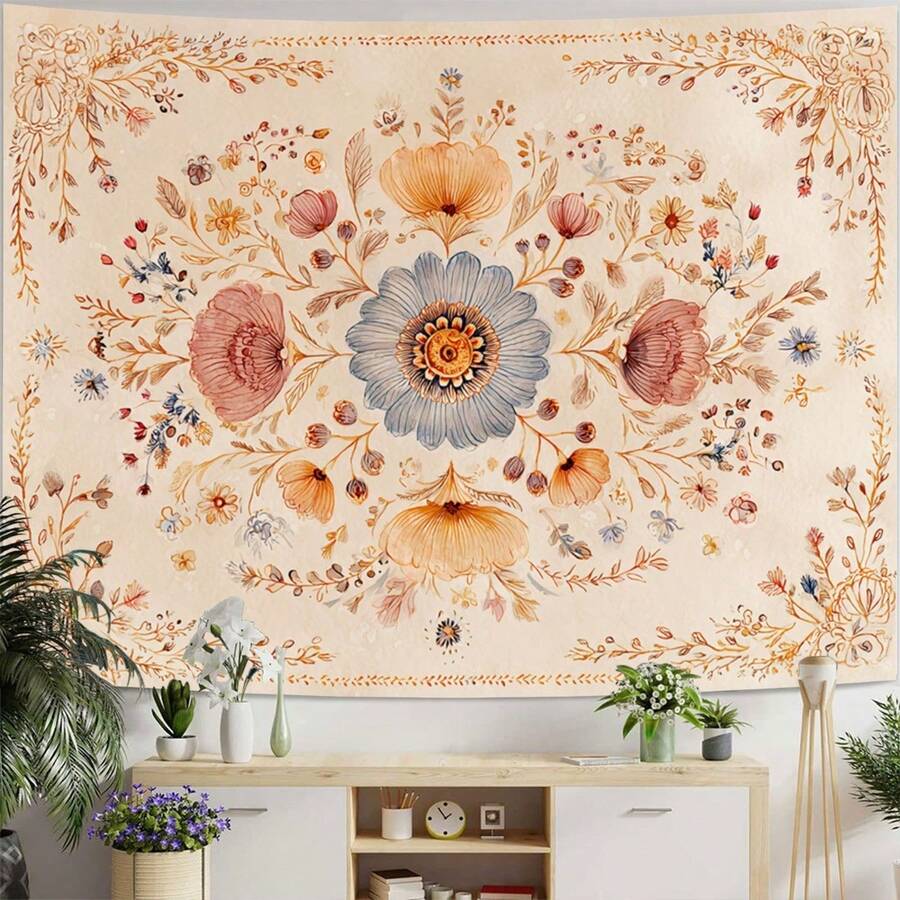 Bohemian floral tapestry with symmetrical flowers vines cream background and central blue flower