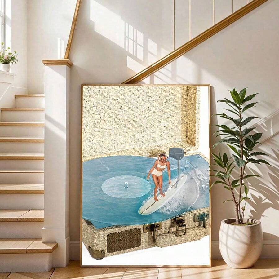 Bohemian Ocean Wave Vintage Gramophone Surfing Girl Canvas Poster