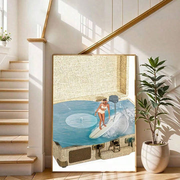 Bohemian Ocean Wave Vintage Gramophone Surfing Girl Canvas Poster