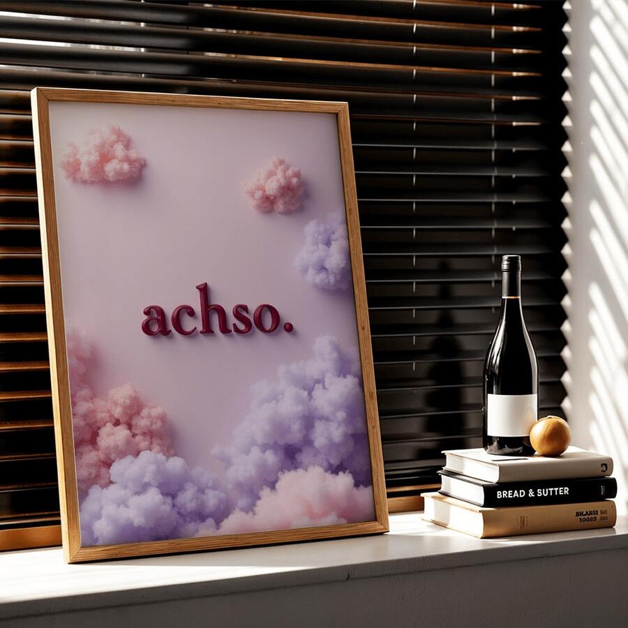 Add a soft, expressive accent to your home with this bohemian canvas poster featuring the playful “achso.” lettering set against dreamy pink-lilac clouds. Its whimsical contemporary design brings a gentle focal point to a room without feeling loud or overworked.