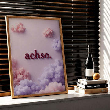 Add a soft, expressive accent to your home with this bohemian canvas poster featuring the playful “achso.” lettering set against dreamy pink-lilac clouds. Its whimsical contemporary design brings a gentle focal point to a room without feeling loud or overworked.