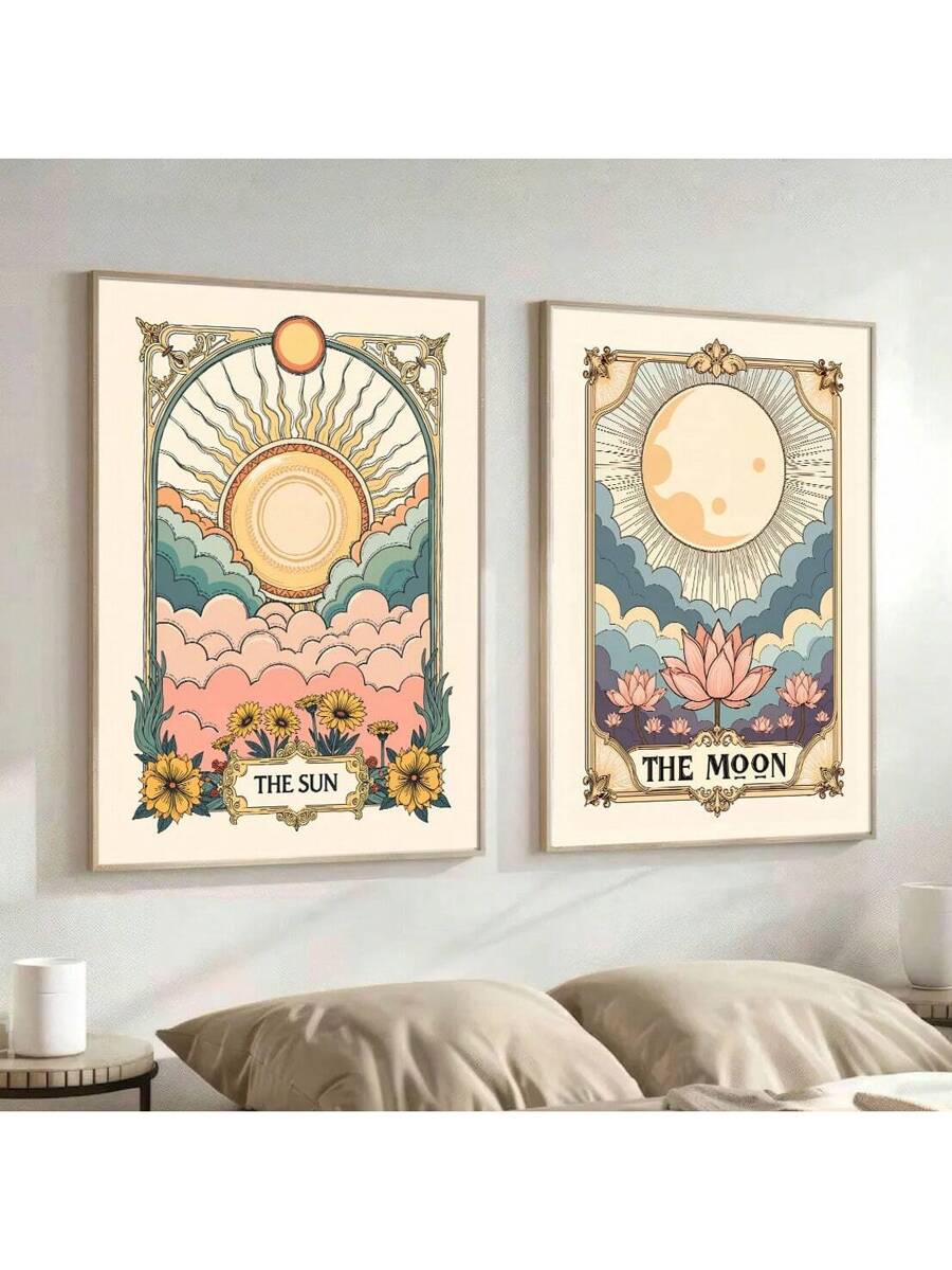 Transform your home into a celestial wonderland with our Boho Abstract Moon &amp; Sun Tarot Card Wall Art Set. These unframed canvas prints feature intricate designs of the moon and sun, bringing a modern and mystical touch to your décor. Perfect for those looking to add a touch of bohemian charm to their space.