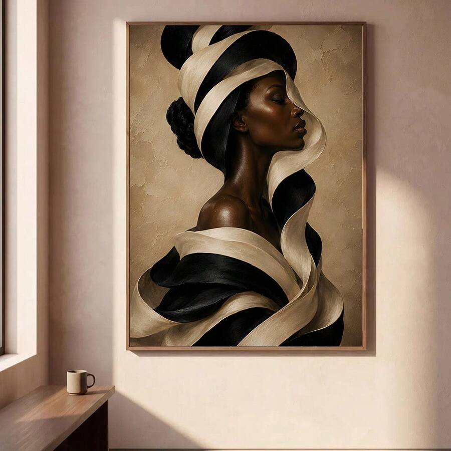Afrocentric woman profile canvas portrait with black and ivory sculptural ribbons