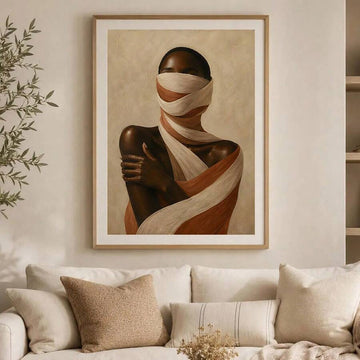 Framed portrait of woman wrapped in cream and terracotta fabric above beige sofa with neutral pillows