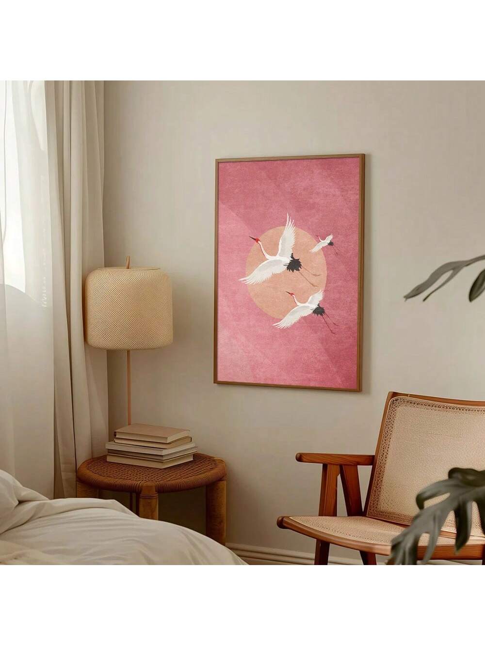 Enhance your home decor with this chic, unframed canvas print featuring pink flying cranes in an abstract design. Made for those with a love for bohemian vibes, this intricate piece adds a touch of charm and elegance to any room. Elevate your space with 100% original art that will captivate any onlooker.