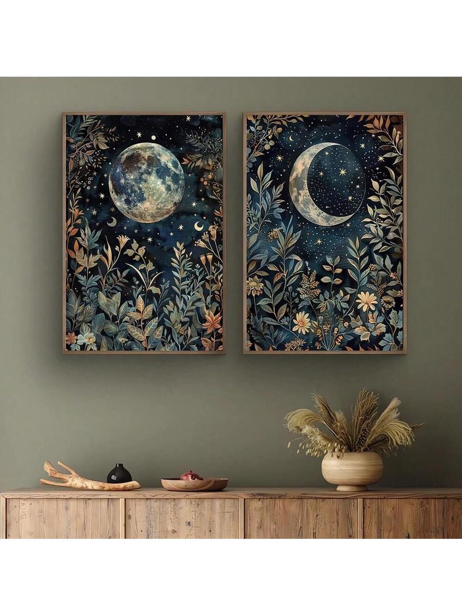 Expertly crafted, this Boho Botanical &amp; Celestial Art Set includes 2 vintage unframed moon posters that will add a touch of modern elegance to any home decor. Featuring intricate botanical and celestial designs, these posters are the perfect addition to your space. Enhance your walls with a vintage touch.